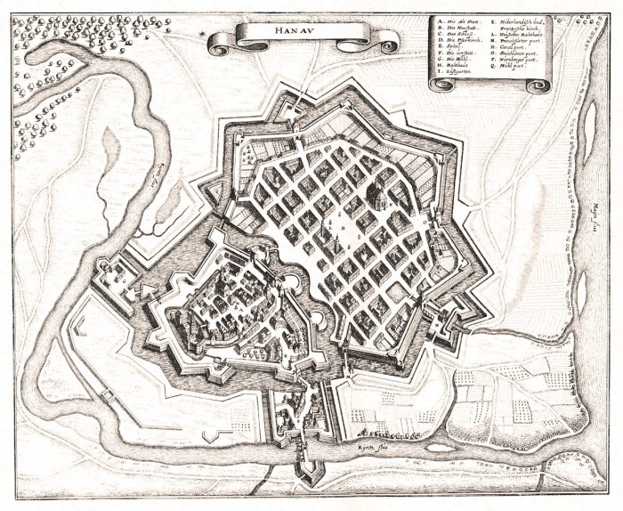 Befestigte Stadt Hanau aus der Vogelperspektive 1646.