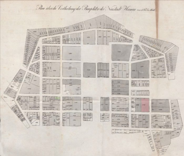 Plan über die Verteilung der Bauplätze der Neustadt Hanau von 1597 bis 1648.